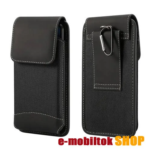 UNIVERZÁLIS álló tok - övre fűzhető / karabiner, gumis, tépőzáras záródás - max 160 x 80 x 10mm-es készülékekhez - FEKETE