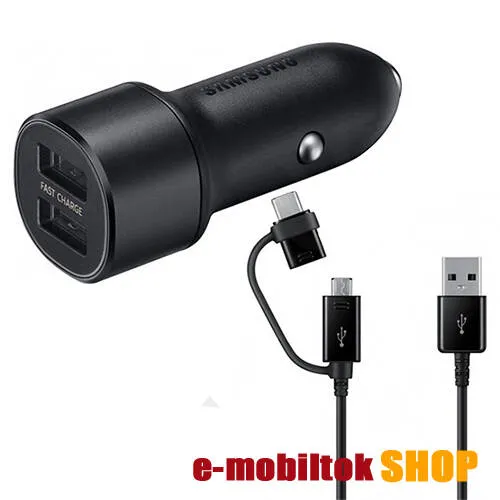SAMSUNG szivargyújtós töltő / autós töltő 2x USB aljzattal - 5V / 2000mA, 15W, gyorstöltés támogatás, LED + Type-C / microUSB kábel - FEKETE - EP-L1100WBEG - GYÁRI
