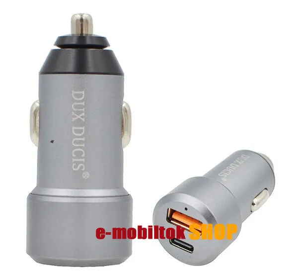 DUX DUCIS szivargyújtós töltő / autós töltő - USB + Type-C aljzat, 5V / 3000mA, 24W, QC 3.0, PD gyorstöltés támogatás, kábel NÉLKÜL! - SZÜRKE - B30 - GYÁRI