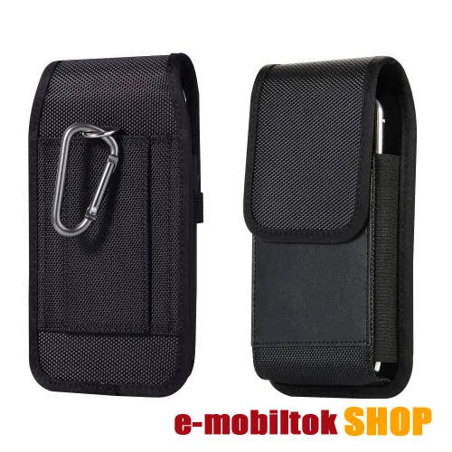 UNIVERZÁLIS álló tok - övre fűzhető, karabiner, tépőzáras záródás, bankkártya tartó zseb - max 160 x 90 x 10mm méretű készülékekhez - FEKETE