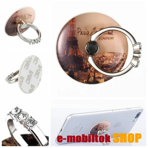 UNIVERZÁLIS fém ujjtámasz, gyűrű tartó - Biztos fogás készülékéhez, strasszkővel díszített - EIFFEL TORONY MINTÁS