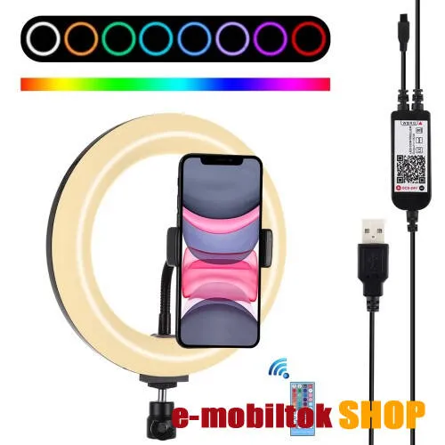PULUZ UNIVERZÁLIS telefon tartó / RGBW LED selfie körfény - állítható szín, 11W, távirányítóval, 60-85mm-ig nyíló bölcső, letöltehető alkalmazás, 360°-ban forgatható, 1/4