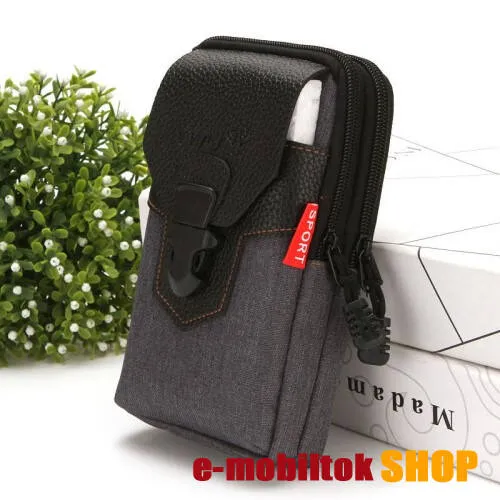 UNIVERZÁLIS álló tok - cipzár, csatos, övre fűzhető, több fakkos - FEKETE - első zseb belső mérete: 170 x 90mm, hátsó zsebek belső mérete: 185 x 100mm