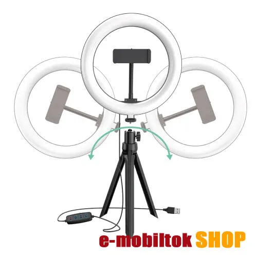 UNIVERZÁLIS telefon tartó tripod állvány / körfény - 20cm LED selfie körfény, állítható színhőmérséklet / fényerő, 3200-5800K, 360°-ban forgatható, 1/4