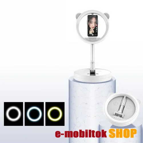 UNIVERZÁLIS asztali telefon tartó állvány / LED selfie körfény - 128 LED-es, összecsukható, alumínium, állítható színhőmérséklet / fényerő, 360°-ban forgatható, állítható magasság 54-167cm-ig, 280 x 280 x 73mm - FEHÉR