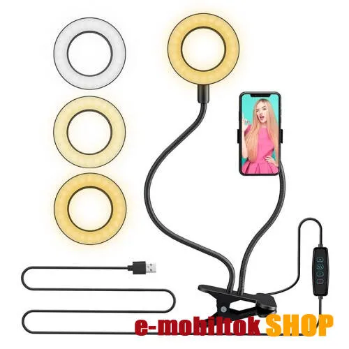 UNIVERZÁLIS telefon tartó állvány / selfie körfény - asztalra csippentethető max 60mm szélesre nyílik, LED körfény, állítható színhőmérséklet / fényerő, 360°-ban forgatható, univerzális 1/4 