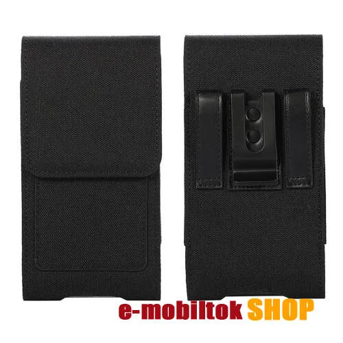 UNIVERZÁLIS álló tok - övre fűzhető / övcsipesz, mágneses záródás, bankkártyatartó zseb, gumis, cseppálló oxford szövet - belső méret: 170 x 87mm - FEKETE