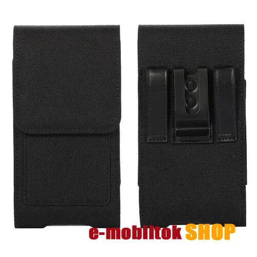 UNIVERZÁLIS álló tok - övre fűzhető / övcsipesz, mágneses záródás, bankkártyatartó zseb, gumis, cseppálló oxford szövet - belső méret: 177 x 92mm - FEKETE