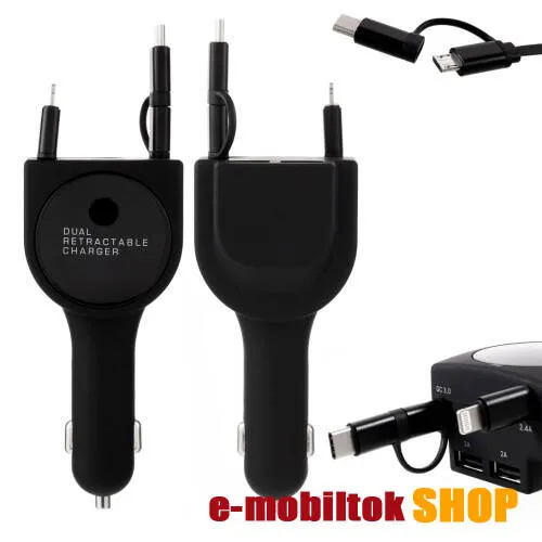 UNIVERZÁLIS szivargyújtós töltő / autós töltő + 3 az 1-ben felcsévélhető töltőkábel - 25W max, EXTRA 2x USB aljzat: 5V/2A, gyorstöltés támogatás, 5V / 3.1A, 80cm-ig kihúzható töltőkábellel (Lightning, microUSB, Type-C) - FEKETE