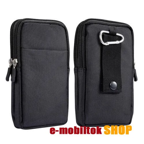 UNIVERZÁLIS álló tok - cipzár, karabiner, övre fűzhető, több fakkos - FEKETE - belső méret: 175 x 100 x 15mm