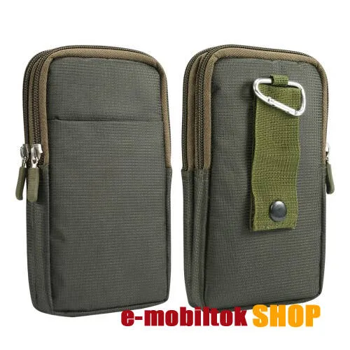 UNIVERZÁLIS álló tok - cipzár, karabiner, övre fűzhető, több fakkos - ZÖLD - belső méret: 175 x 100 x 15mm