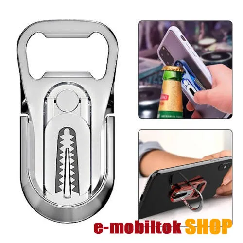 UNIVERZÁLIS ujjtámasz, gyűrű tartó, sörnyitó - Biztos fogás készülékéhez, alumínium, üvegnyitó, 360°-ban forgatható, kitámasztható, szellőzőrácsra rögzíthető - EZÜST - 64 x 27 x 4.5mm