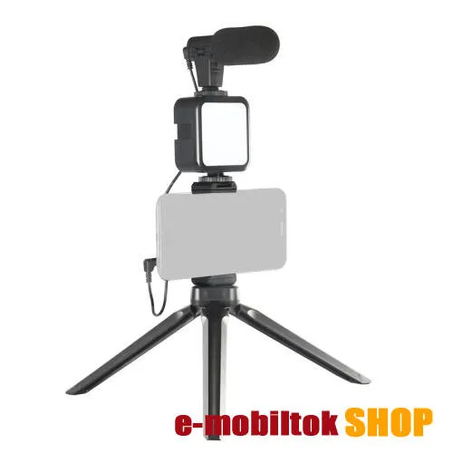 UNIVERZÁLIS telefon tartó tripod állvány / vlog streaming kezdőszett - LED fény 2xAA elemmel használható (NEM TARTOZÉK), 1/4