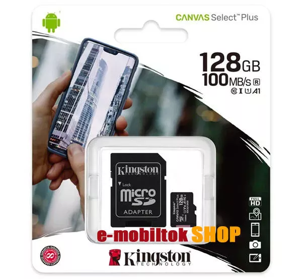 KINGSTON MEMÓRIAKÁRTYA TransFlash 128GB - SDCS2/128GB - microSDXC Canvas Select Plus - Class 10, UHS-1, A1 + SD adapter - GYÁRI