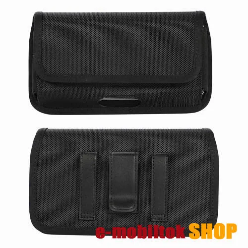 UNIVERZÁLIS fekvő tok - tépőzáras záródás, övre fűzhető és csíptethető, gumis, cseppálló oxford szövet, bankkártyatartó zseb - külső méret: 190 x 100 x 30mm, belső méret: 175 x  92 x 22mm - FEKETE