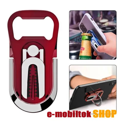 UNIVERZÁLIS ujjtámasz, gyűrű tartó, sörnyitó - Biztos fogás készülékéhez, alumínium, üvegnyitó, 360°-ban forgatható, kitámasztható, szellőzőrácsra rögzíthető - PIROS - 64 x 27 x 4.5mm