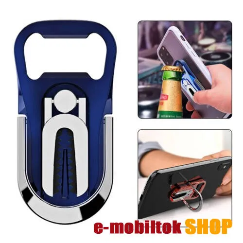 UNIVERZÁLIS ujjtámasz, gyűrű tartó, sörnyitó - Biztos fogás készülékéhez, alumínium, üvegnyitó, 360°-ban forgatható, kitámasztható, szellőzőrácsra rögzíthető - KÉK - 64 x 27 x 4.5mm