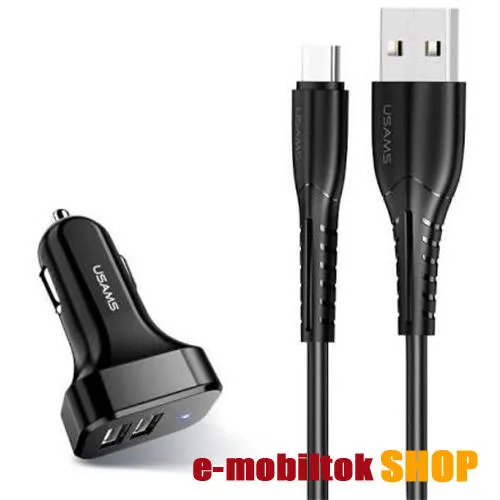 USAMS NT KING TU szivargyújtós töltő / autós töltő - 2x USB aljzat, 5V/2,1A, max 21W + microUSB adatkábellel! - FEKETE - GYÁRI