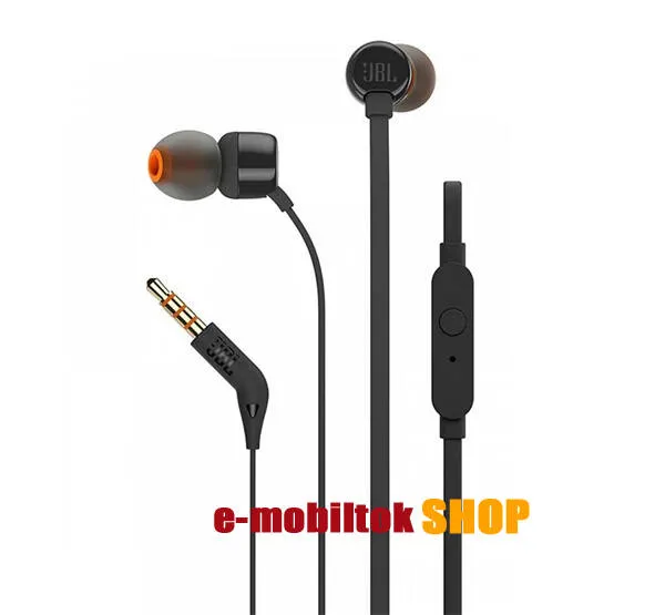 JBL UNIVERZÁLIS sztereo headset - 3,5mm jack csatlakozó, mikrofon, felvevő gomb, lapos kábel - FEKETE - T110 - GYÁRI