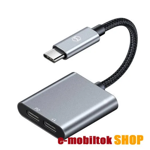 MCDODO audio adapter - Type-C / Type-C digitális audio + Type-C töltő aljzattal, 60W PD gyorstöltés támogatás, DAC chip, 13cm hosszú szövettel bevont kábel - SZÜRKE / FEKETE