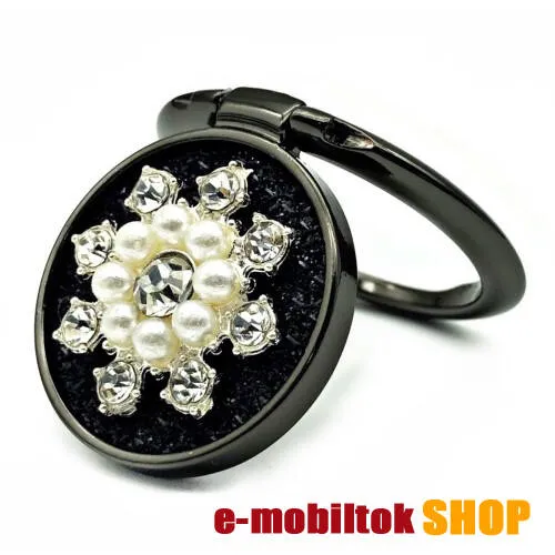 UNIVERZÁLIS fém ujjtámasz, gyűrű tartó - Biztos fogás készülékéhez, kitámasztható, gyönggyel és strasszkővel díszített - FEKETE VIRÁG MINTÁS