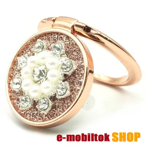 UNIVERZÁLIS fém ujjtámasz, gyűrű tartó - Biztos fogás készülékéhez, kitámasztható, gyönggyel és strasszkővel díszített - ROSE GOLD VIRÁG MINTÁS