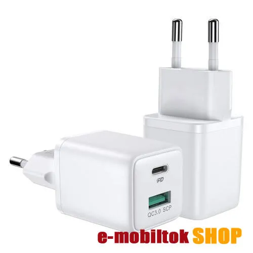 JOYROOM mini hálózati töltő USB / Type C aljzattal - QC 3.0/PD 3.0 gyorstöltés, 30W, USB aljzat: 5V/4.5A; 9V/2A; 12V/1.5A Type-C aljzat 5V/3A; 9V/3A; 12V/2.5A; 15V/2A; 20V/1.5A - FEHÉR - JR-QP303 - GYÁRI