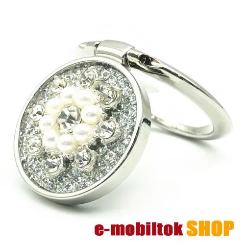 UNIVERZÁLIS fém ujjtámasz, gyűrű tartó - Biztos fogás készülékéhez, kitámasztható, gyönggyel és strasszkővel díszített - EZÜST VIRÁG MINTÁS