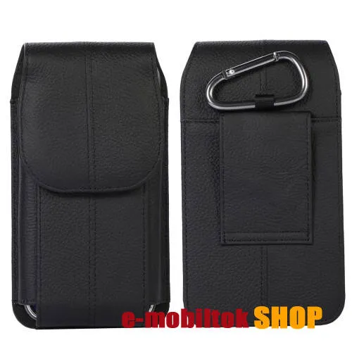 UNIVERZÁLIS álló tok - valódi bőr, övre fűzhető, patent záródás, karabíner - max. 178mm x 95mm x 20mm méretű készülékekhez - FEKETE