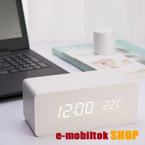 Digitális ébresztőóra vezeték nélküli Qi Wireless asztali töltő funkcióval - 5W, faerezett mintás, hangvezérlés, állítható LED-es fényerősség, USB DC 5V tápkábel vagy 3x AAA elemmel működik (nem tartozék), fogadóegység nélkül!, 145 x 70 x 70mm - FEHÉR