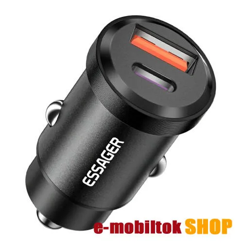 ESSAGER szivargyújtós töltő / autós töltő - 30W, 1x USB aljzat, 1x Type-C aljzat, QC 3.0, PD gyorstöltés támogatás, kábel NÉLKÜL! - FEKETE - GYÁRI