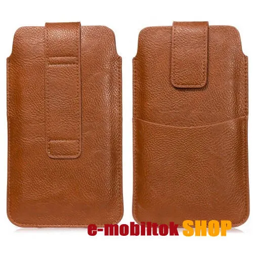 UNIVERZÁLIS álló tok - PU bőr, övre fűzhető, tépőzáras záródás, bankkártyatartó zseb - max 170 x 95mm-es készülékekhez - BARNA