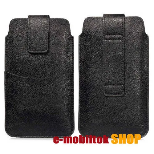 UNIVERZÁLIS álló tok - PU bőr, övre fűzhető, tépőzáras záródás, bankkártyatartó zseb - max 170 x 95mm-es készülékekhez - FEKETE