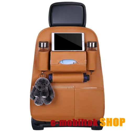 UNIVERZÁLIS Autóülésre rögzíthető több rekeszes tároló / Háttámlavédő - műbőr, több rekeszes rendszerező, könnyen felrögzíthető, zsebkendő tartó, esernyő és italtartó zseb, cseppálló - BARNA