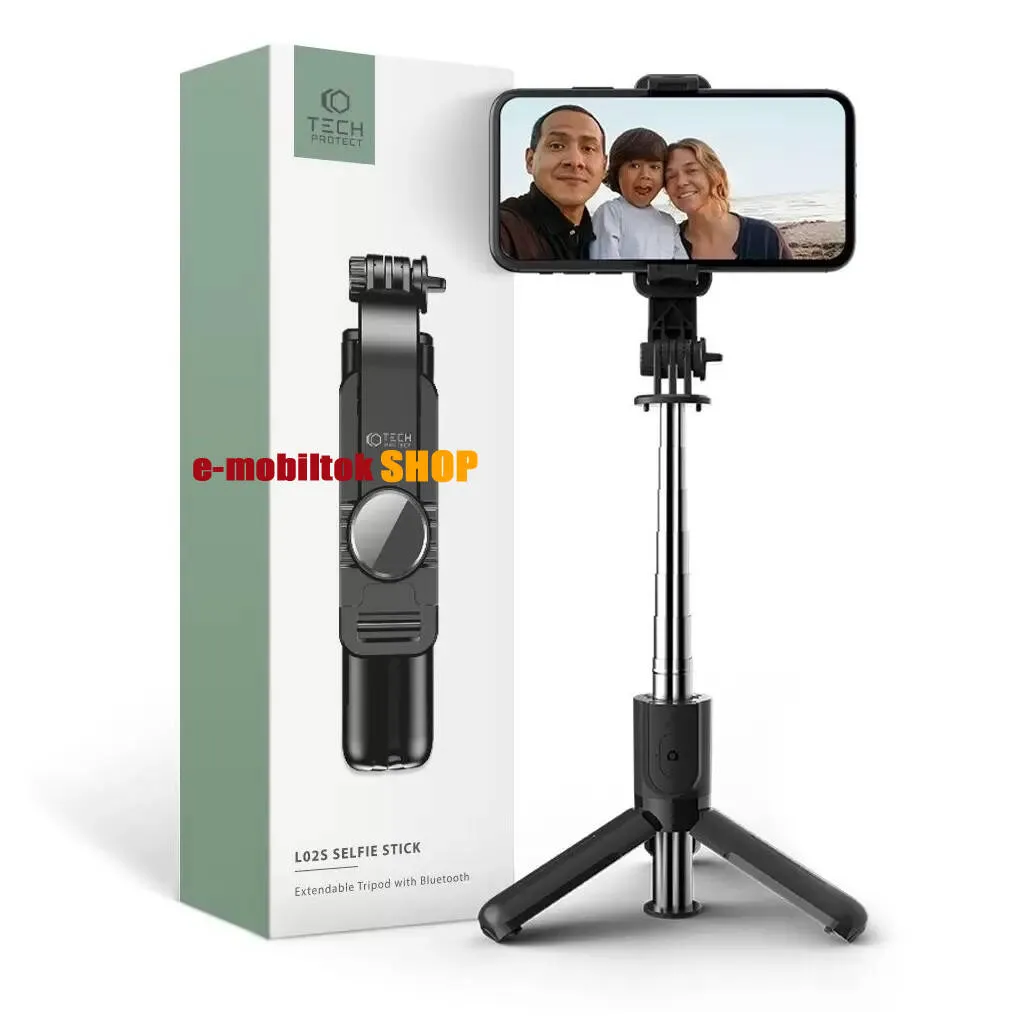TECH PROTECT teleszkópos selfie bot és tripod állvány - FEKETE - 15,2-72cm-ig állítható, BLUETOOTH KIOLDÓVAL, szelfi fénnyel, 360 fokban forgatható - L02S - GYÁRI