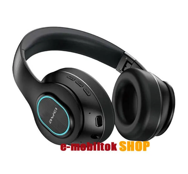 AWEI A100BL bluetooth fejhallgató SZTEREO - FEKETE - v5.0, mikrofon, microSD kártyaolvasó, összehajtható, LED fény - GYÁRI