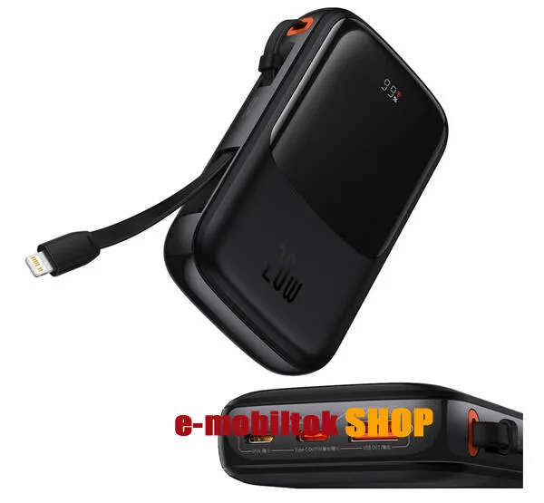 BASEUS QPOW PRO OE vésztöltő, hordozható töltő - FEKETE - 1 x USB, 1 x Type-C, 1 x lightning aljzat, lightning töltő kábel, 10000 mAh, 20W, PD3.0, QC3.0, SCP, FCP, AFC gyorstöltés támogatás, LED kijelző - PPQD060001 - GYÁRI