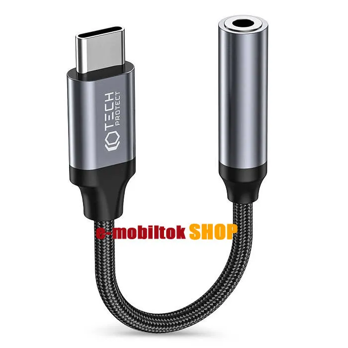 TECH PROTECT audio adapter kábel - FEKETE - Type-C / 3,5mm Jack, DAC chip, törésgátló, szövettel bevont kábel - GYÁRI