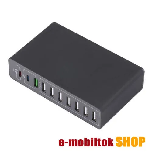 UNIVERZÁLIS hálózati töltő állomás / asztali töltő HUB - FEKETE - 8x USB aljzattal, 2x Type-C aljzat, AC 110-220V bemenet, kapcsolóval, 65W, PD / QC3.0 gyorstöltés támogatás, PD: 5V/3A, 9V/2A, 12V/1.67A