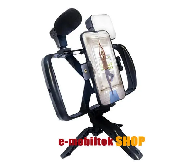 UNIVERZÁLIS telefon tartó tripod állvány / vlog streaming kezdőszett - LED fény, 1/4