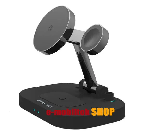 AWEI 4 az 1-ben Apple Watch, Airpods és iPhone asztali tartó Qi Wireless asztali töltő funkcióval - 15W, gyorstöltés támogatás, Apple Pencil kompatibilis, MagSafe kompatibilis, Type-C port - FEKETE - W22 - GYÁRI
