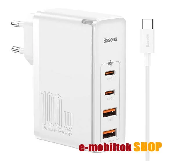 BASEUS GaN2 hálózati töltő 2x USB és 2x Type-C aljzattal - QC4.0 és PD gyorstöltés támogatás, 100W + Type-C adatátvitel és töltő kábellel - FEHÉR - CCGAN2P-L02 - GYÁRI