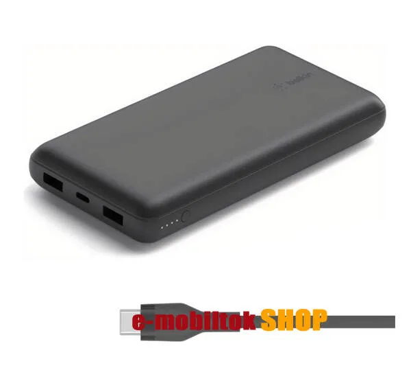 BELKIN BOOST CHARGE hordozható vésztöltő / Powerbank - FEKETE - belső 20000mAh akku, 15W, gyorstöltés támogatás, 2x USB + 1x Type-C aljzat, LED jelző + Type-C adatátvitel és töltő kábellel - BPB006BTBLK - GYÁRI