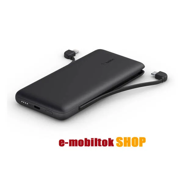 BELKIN BOOST CHARGE PLUS 10K hordozható vésztöltő / Powerbank - FEKETE - belső 10000mAh akku, 18W, PD gyorstöltés támogatás, USB+Type-C aljzat, LED jelző, fix beépített Type-C és lightning kábel - BPB006BTBLK - GYÁRI