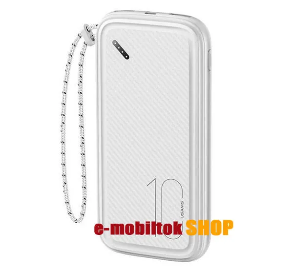 USAMS CD150 vésztöltő, hordozható töltő, power bank - FEHÉR - 2 x USB, 1 x Type-C, 1 x microUSB aljzat, 10000 mAh, 5V/2A, 37W, LED jelző, csuklópánt - 10KCD15002 - GYÁRI