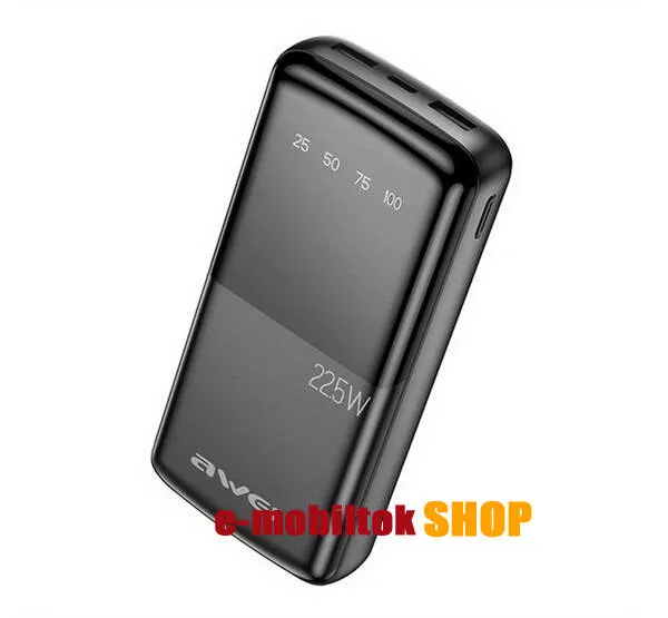 AWEI P13K hordozható vésztöltő / Powerbank - FEKETE - 2x USB + 1x Type-C aljzat, 20000mAh, 22.5W, PD gyorstöltés támogatás, LED kijelző - P13K - GYÁRI