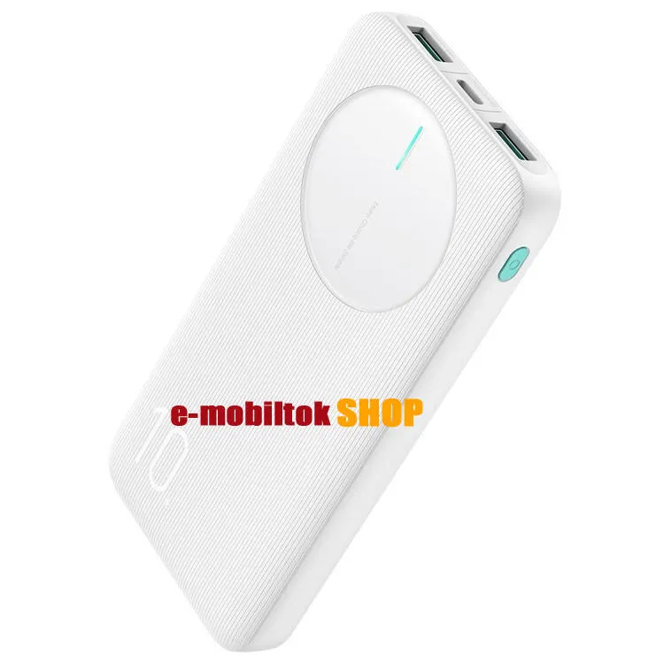 JOYROOM hordozható vésztöltő, Powerbank, 1x Type-C és 2x USB aljzat, 10000mAh akku, 12W, LED kijelző, PD gyorstöltés támogatás, Fehér