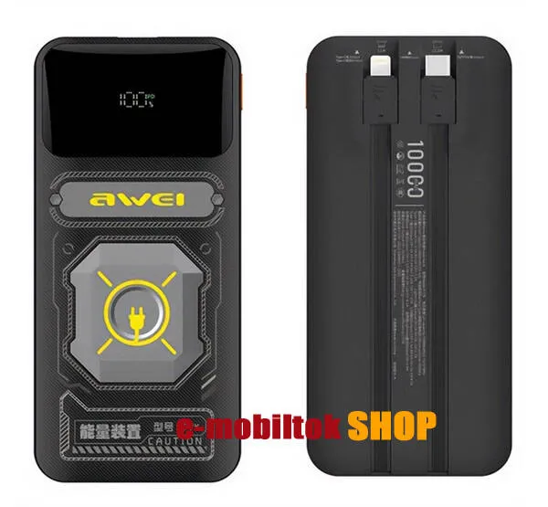 AWEI P77K hordozható vésztöltő, Powerbank, 1x USB és 1x Type-C aljzat, 10000mAh, 22.5W, PD gyorstöltés támogatás, LED kijelző, Beépített fix Lightning és Type-C kábel, Fekete