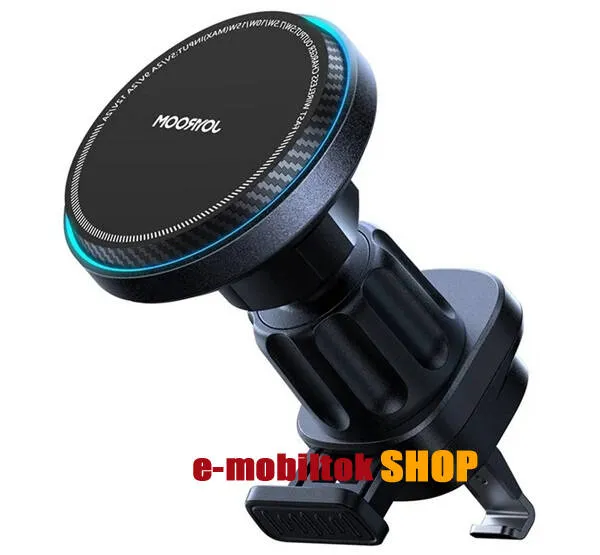 JOYROOM mágneses autós telefon tartó állvány, Szellőzőrácsra rögzíthető, Magsafe támogatás, 15W QI wireless vezetéknélküli töltés, 360°-ban forgatható, LED jelzés, Gyorstöltés támogatás, Fekete