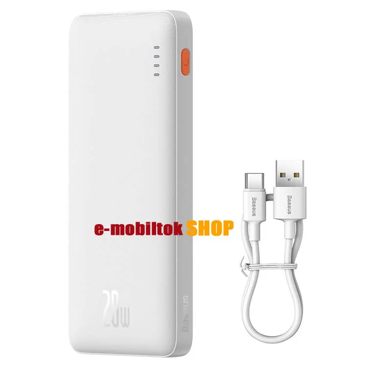 BASEUS AIRPOW powerbank, Hordozható vésztöltő, 1x USB, 1x microUSB és 1x Type-C aljzat, 10000mAh, 20W, PD gyorstöltés támogatás, LED jelző, Fehér
